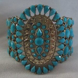 Ornate Gold Tone Teal Beaded Cuff Bracelet